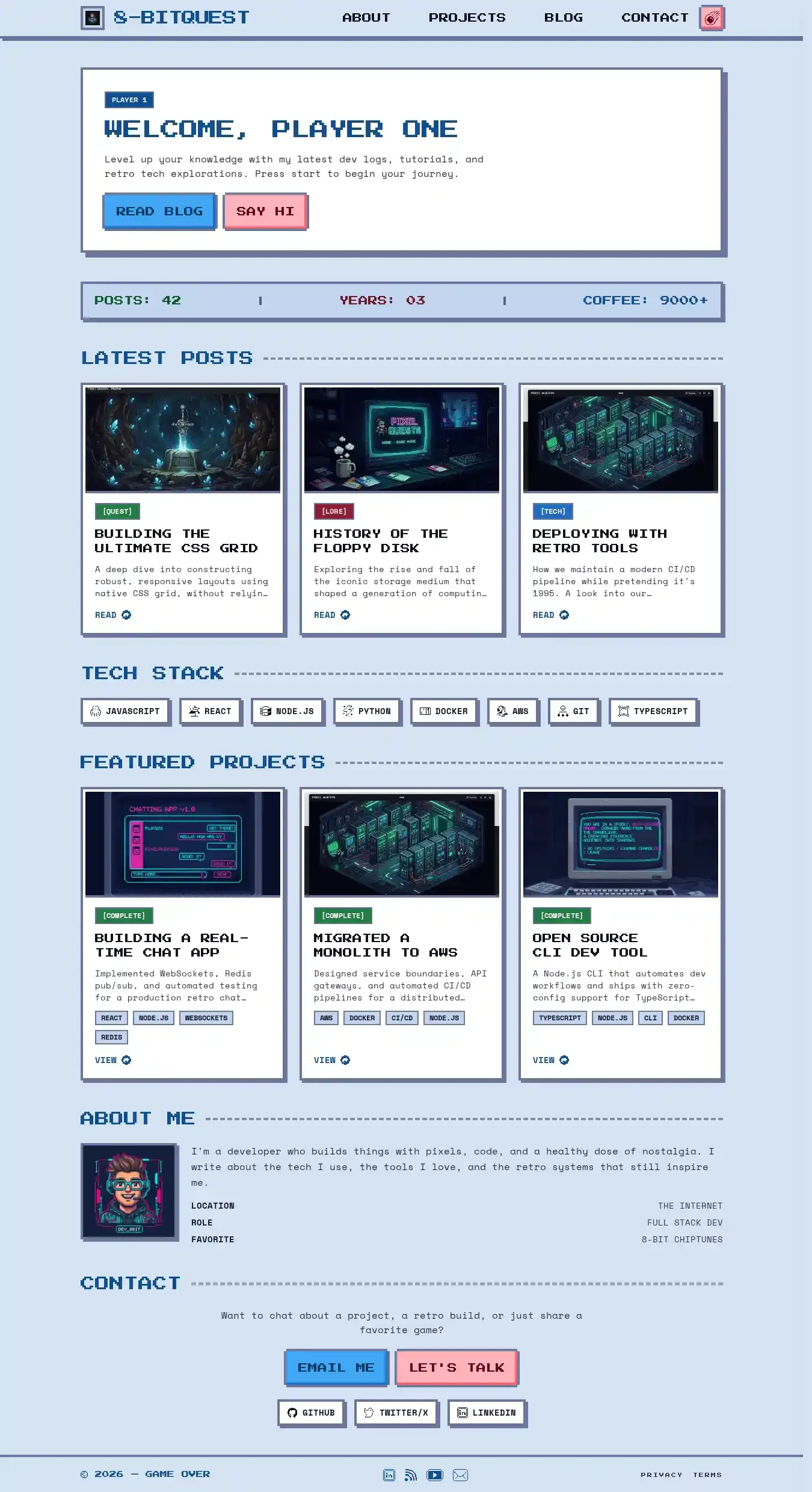 8-BitQuest home page on desktop
