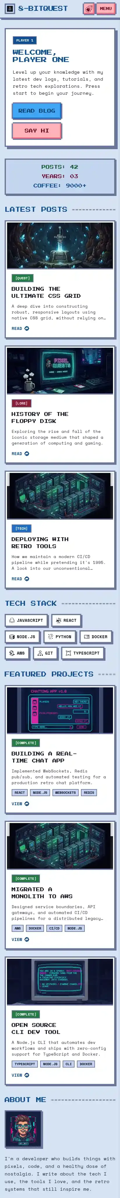 8-BitQuest home page on mobile