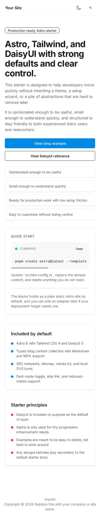 Alexander’s astro tailwind daisyui starter home page on mobile