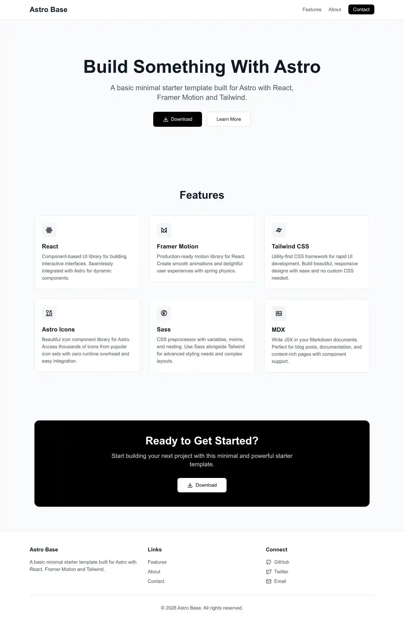 Astro Base home page on desktop