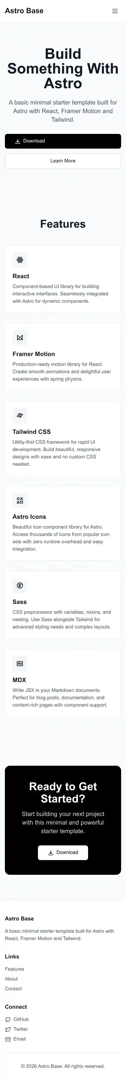Astro Base home page on mobile