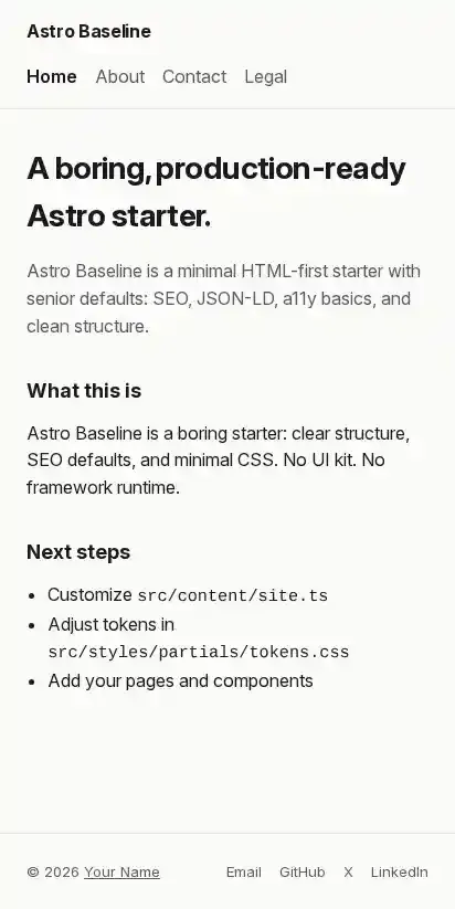 Astro Baseline home page on mobile