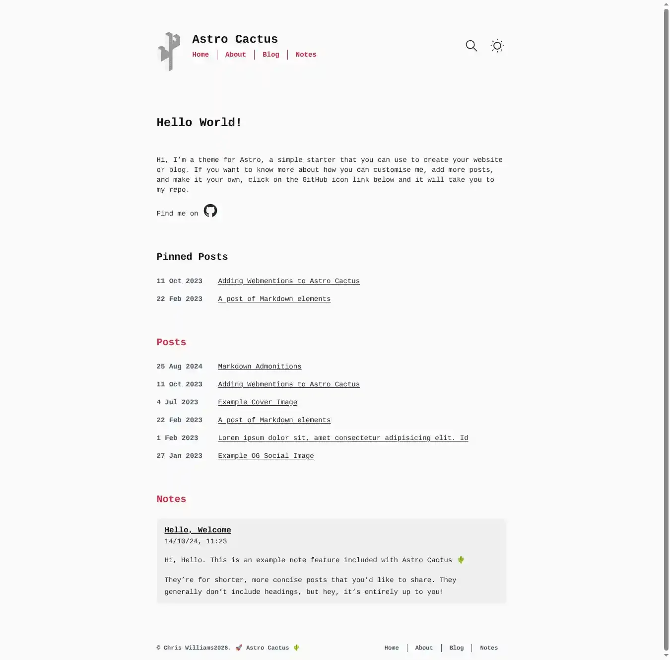 Astro Cactus home page on desktop
