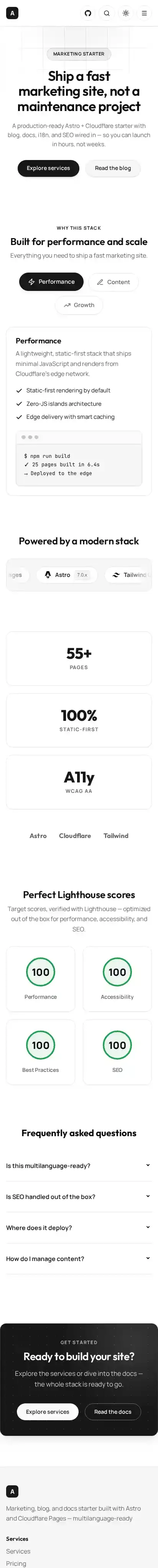 Astro Cloudflare Starter home page on mobile