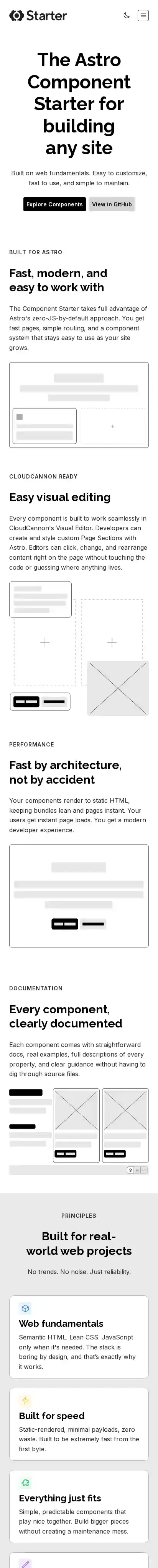 Astro Component Starter home page on mobile