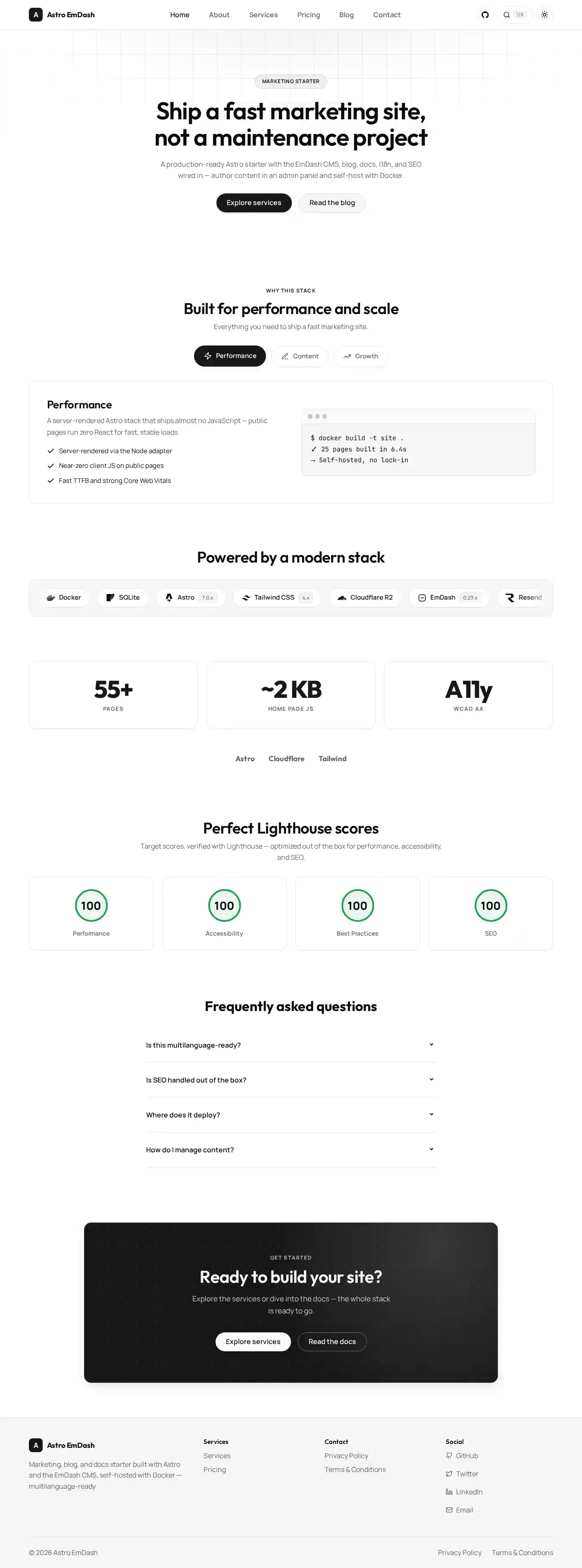 Astro EmDash Starter home page on desktop