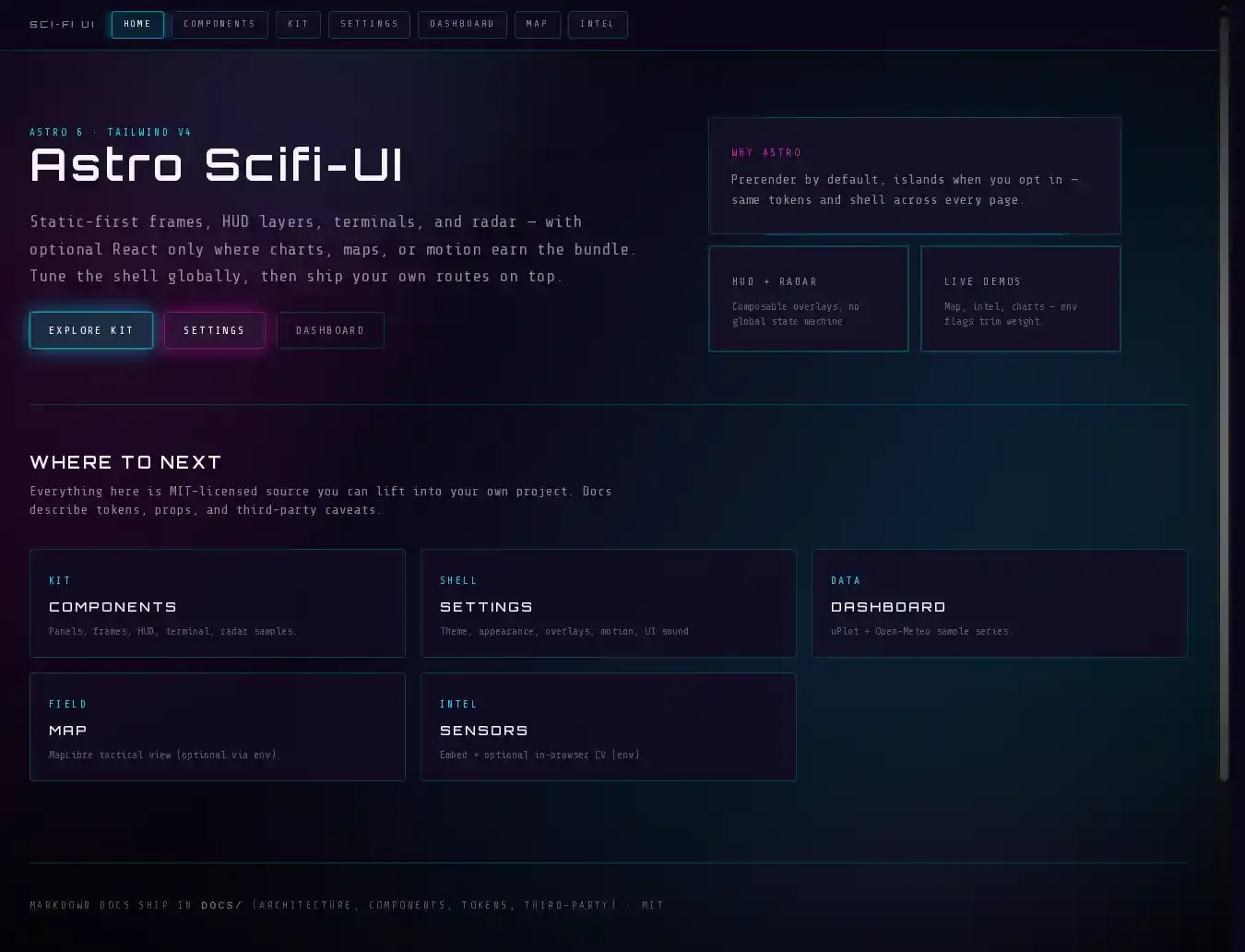 Astro Scifi-UI home page on desktop