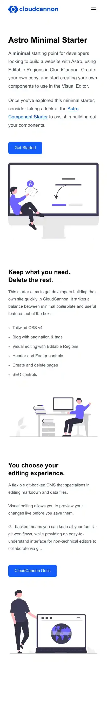 Astro Minimal Starter home page on mobile