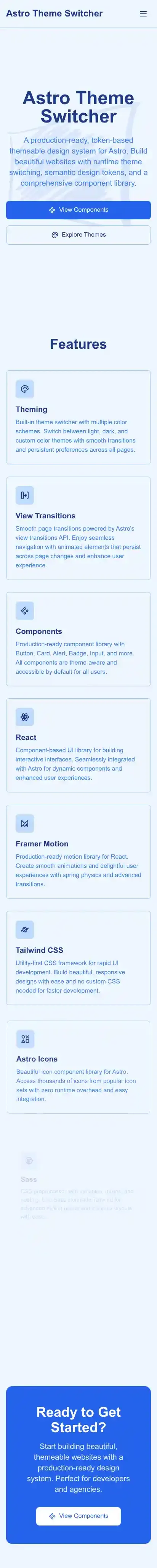 Astro Theme Switcher home page on mobile