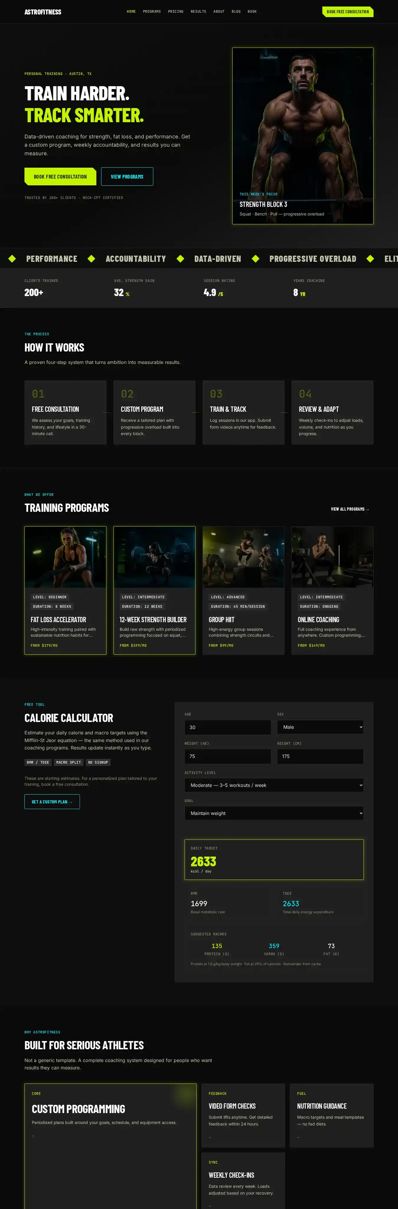 Astrofitness home page on desktop