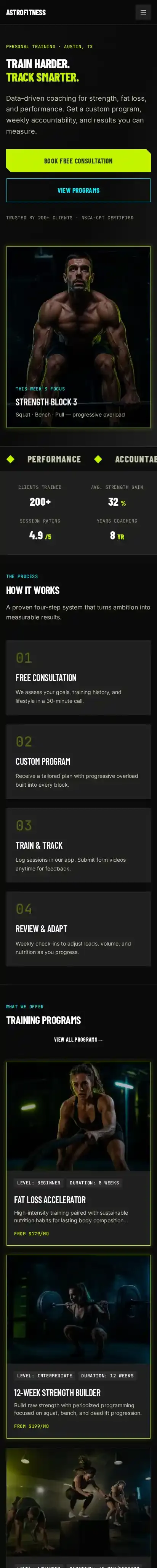 Astrofitness home page on mobile