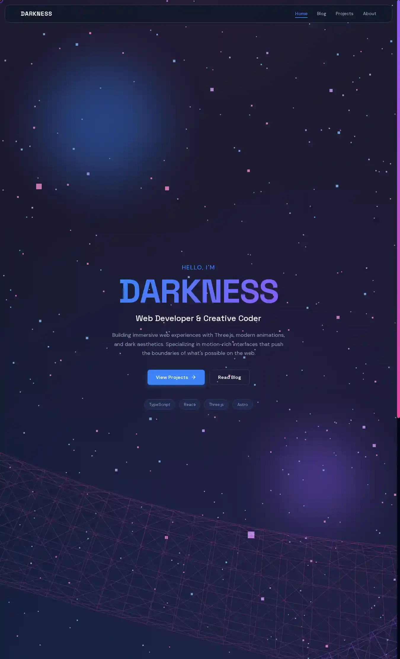 Darkness home page on desktop