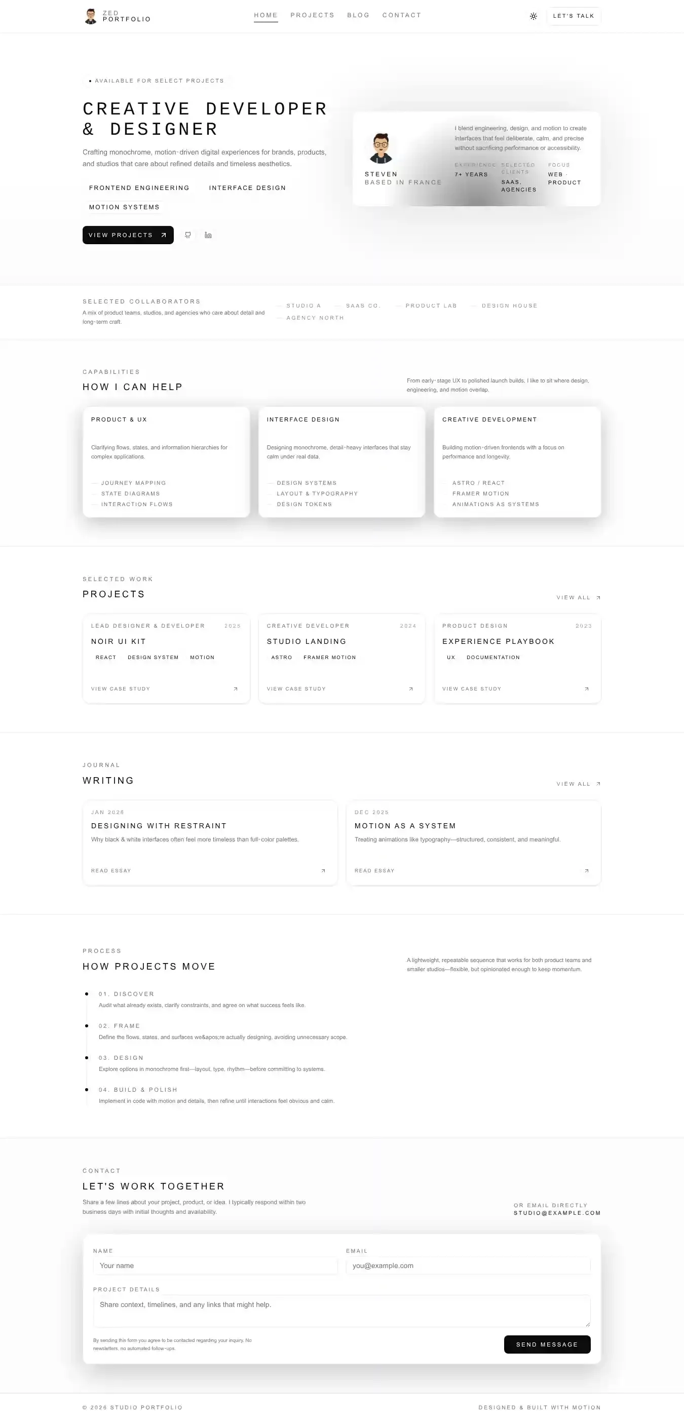 Monochrome Portfolio home page on desktop