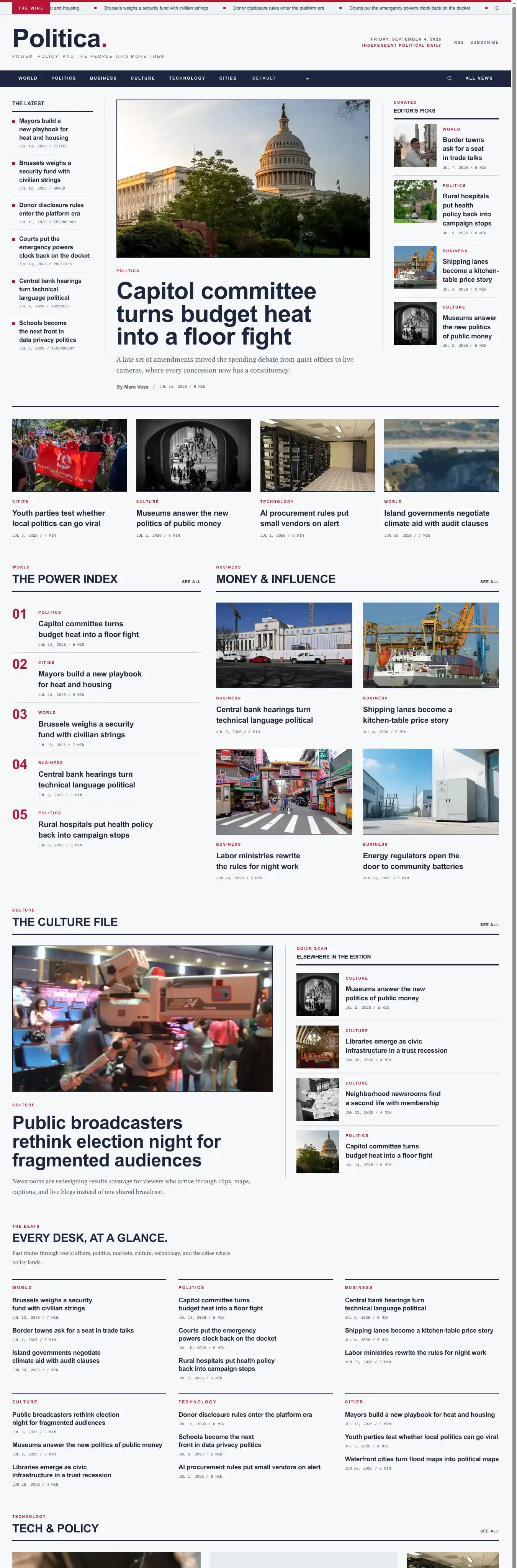 Politica home page on desktop