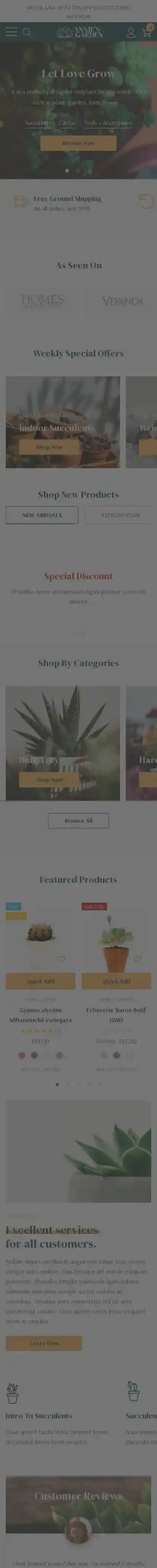 Annie's Garden Light home page on mobile