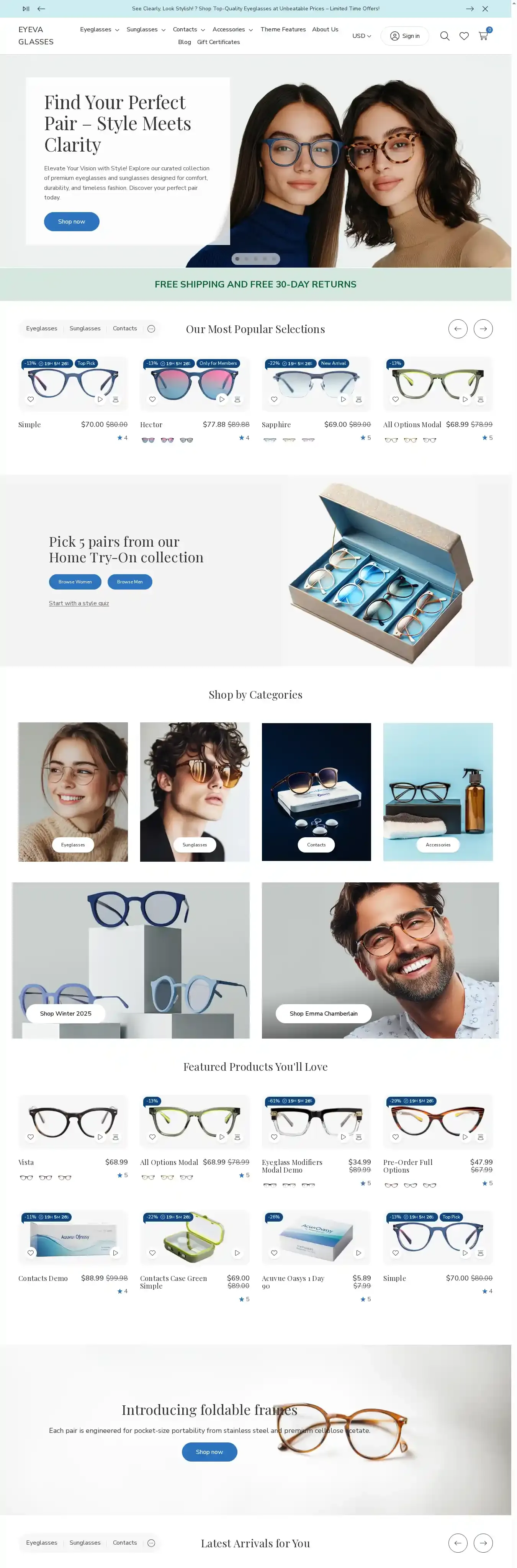 Eyeva Glasses home page on desktop