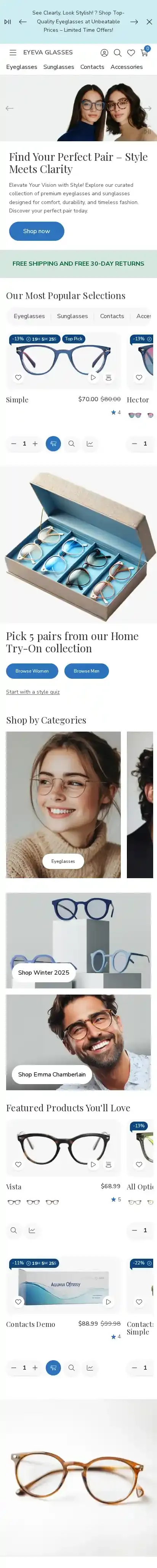 Eyeva Glasses home page on mobile
