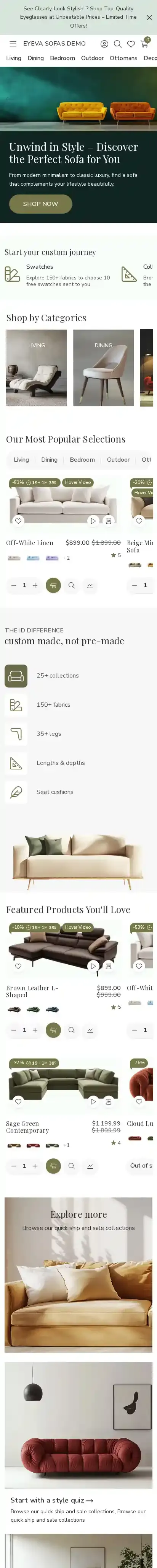Eyeva Sofas home page on mobile