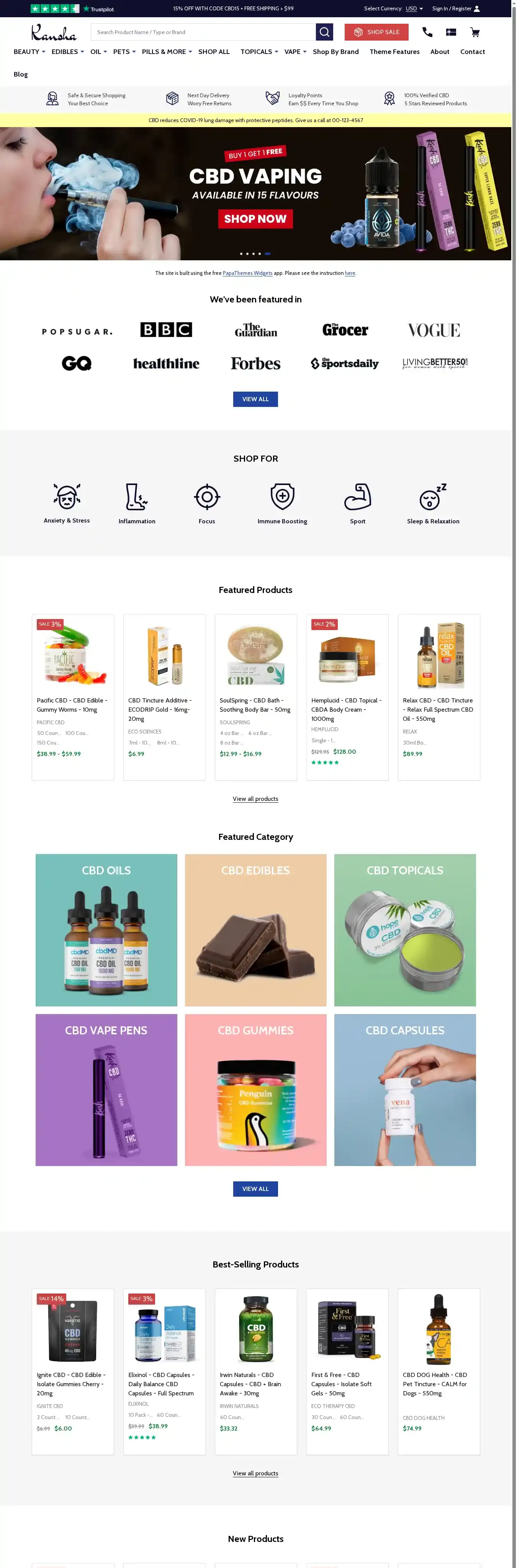 Kansha CBD home page on desktop
