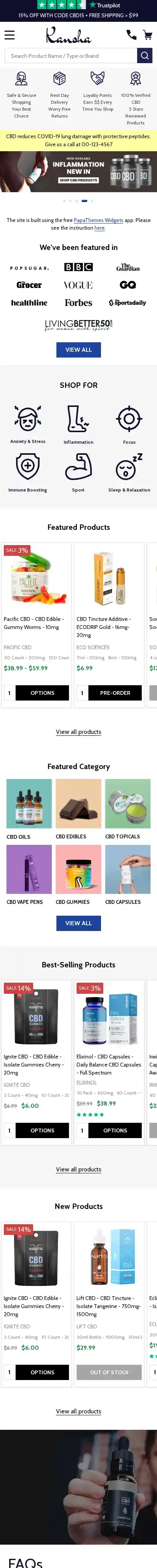 Kansha CBD home page on mobile