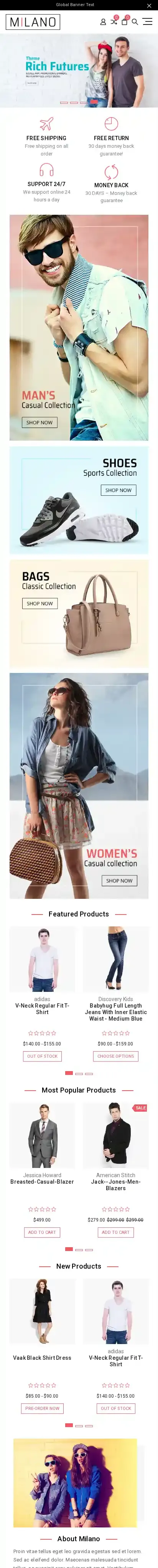 Milano Default home page on mobile