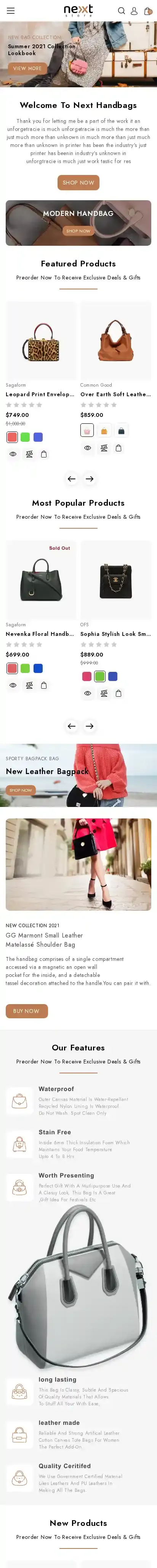 Next Bags home page on mobile