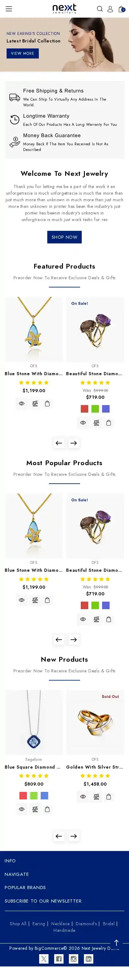 Next Jewelry home page on mobile