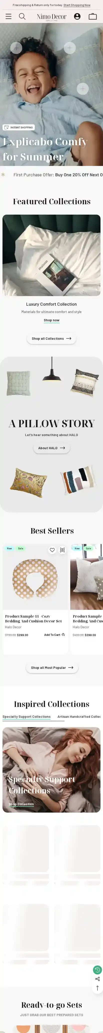 Nimo Decor home page on mobile