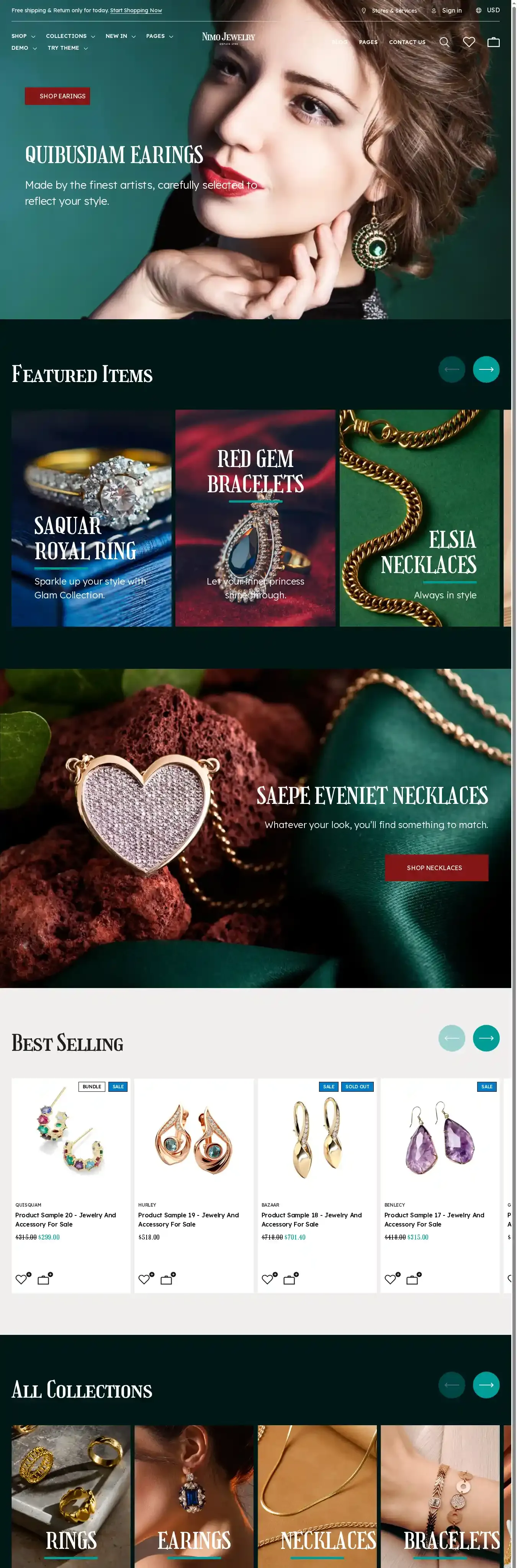 Nimo Jewelry home page on desktop