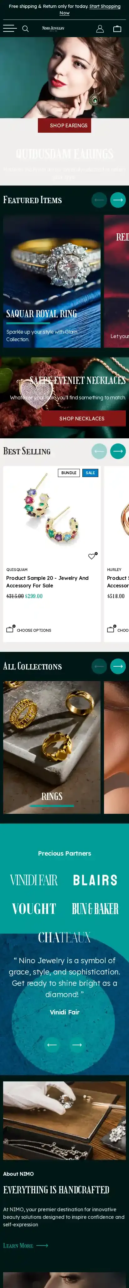 Nimo Jewelry home page on mobile