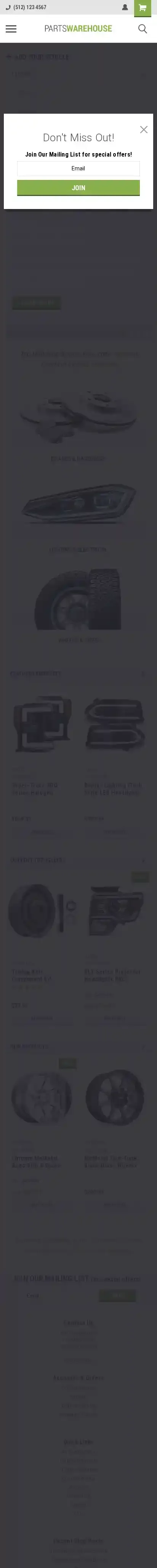 PartsWarehouse Light home page on mobile