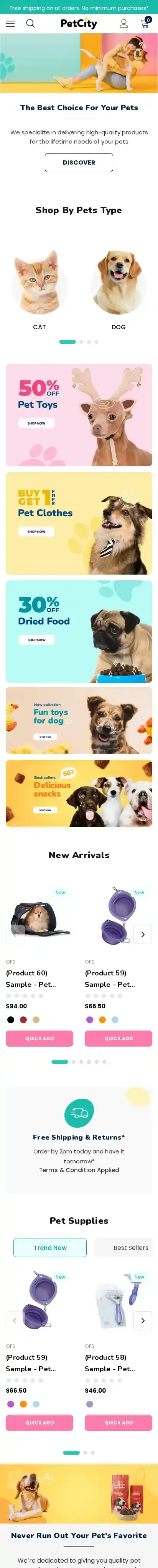 SURFup PetCity home page on mobile