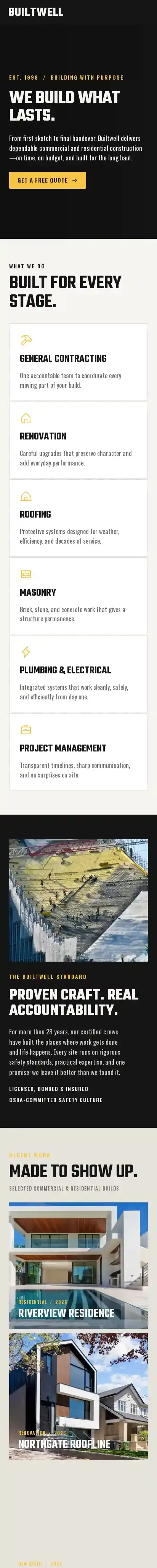 Builtwell home page on mobile