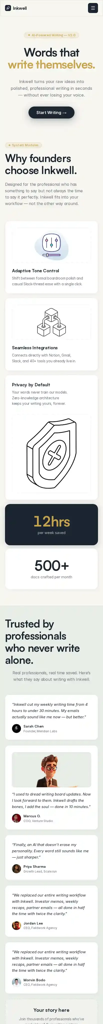 Inkwell home page on mobile