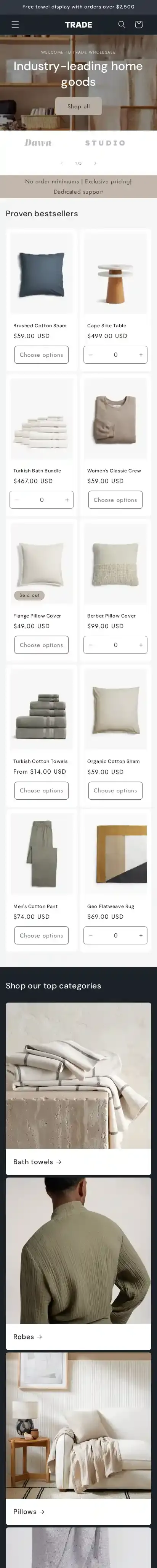 Trade home page on mobile