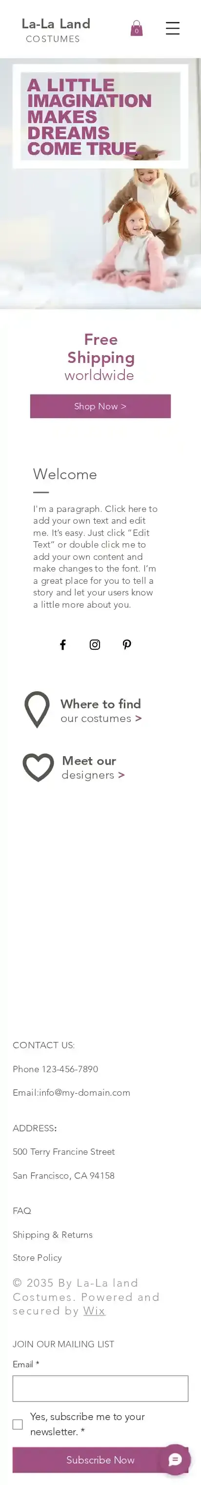 Kids Costume Store home page on mobile