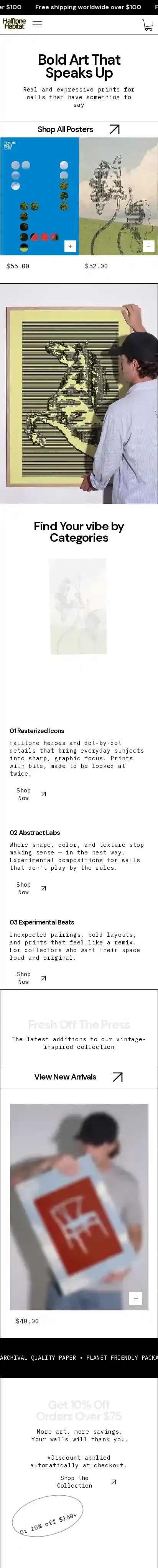 Poster Store (Retro) home page on mobile