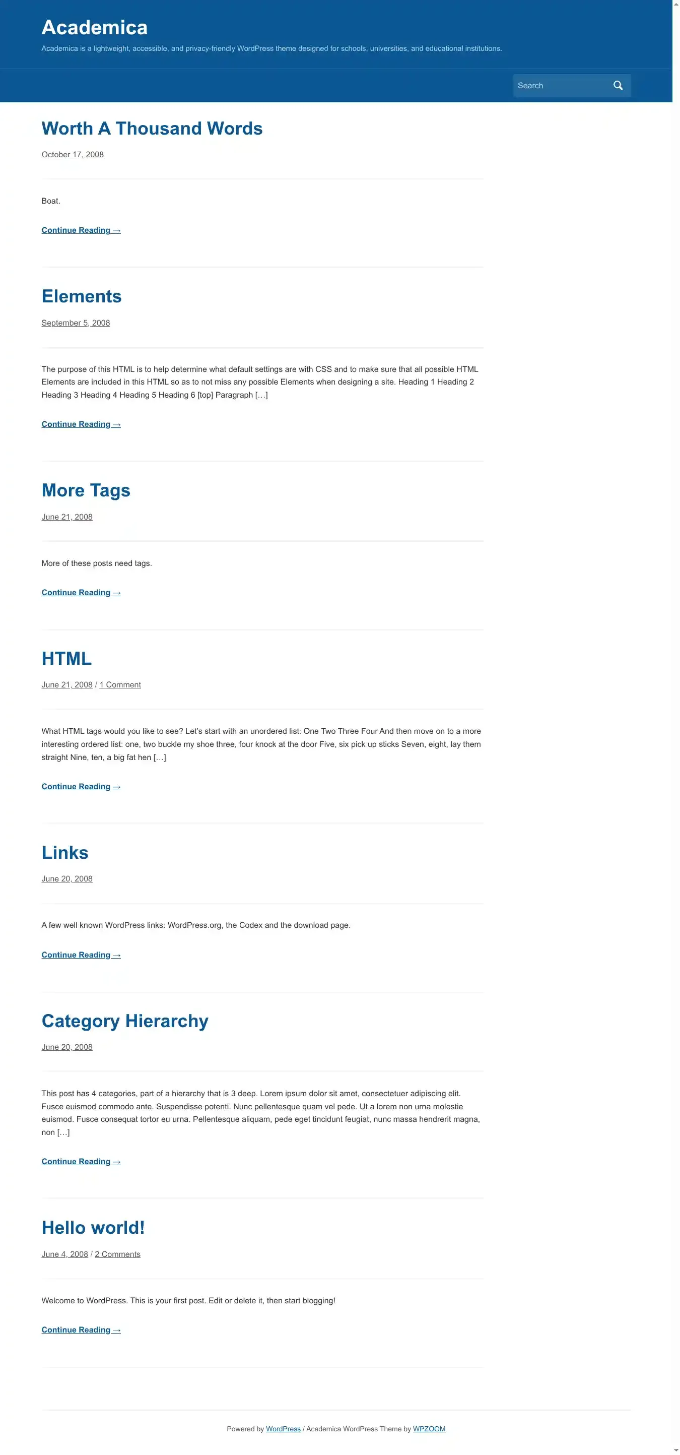 Academica home page on desktop