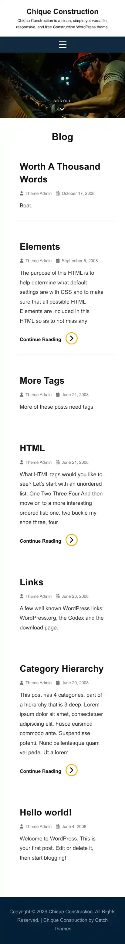 Chique Construction home page on mobile