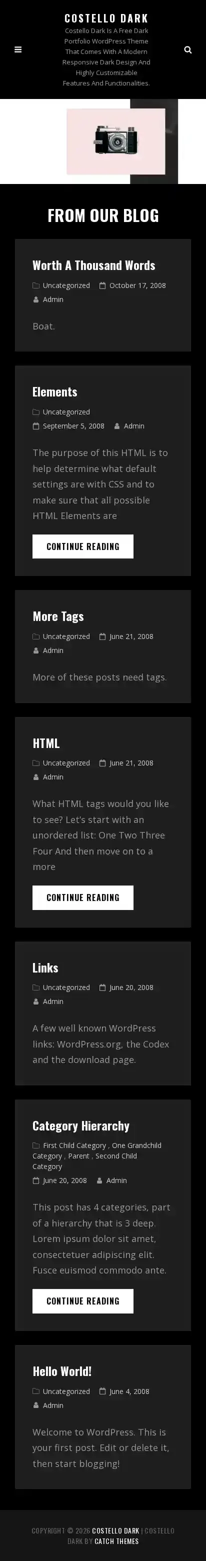 Costello Dark home page on mobile