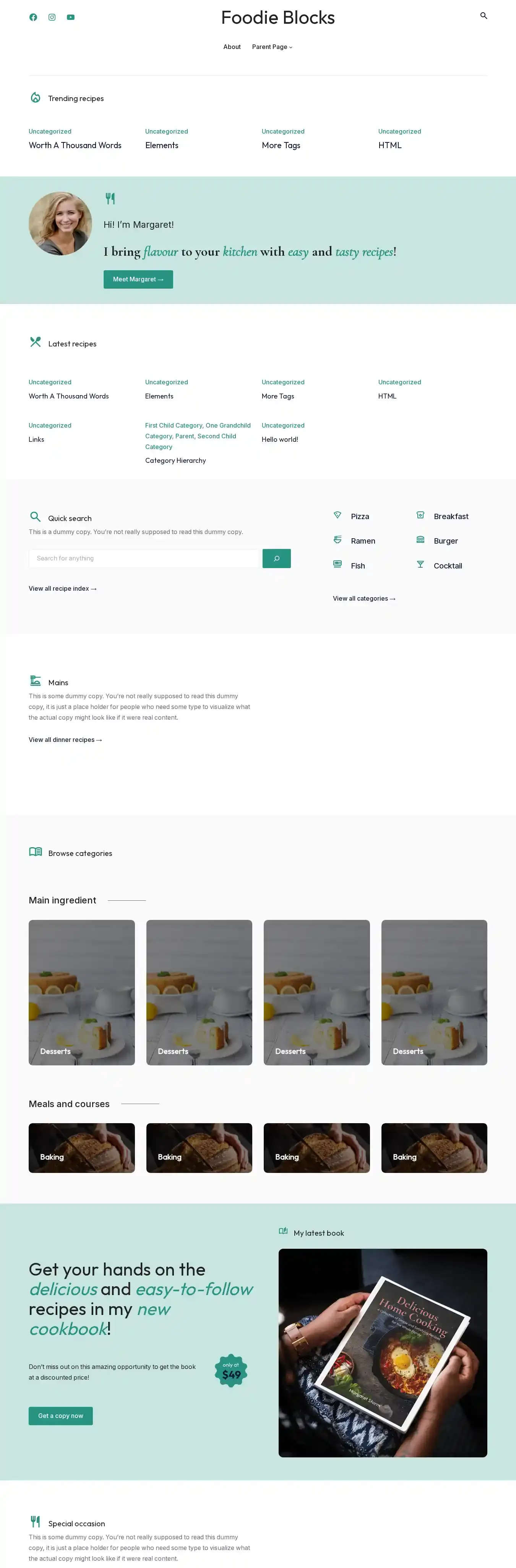 Foodie Blocks home page on desktop