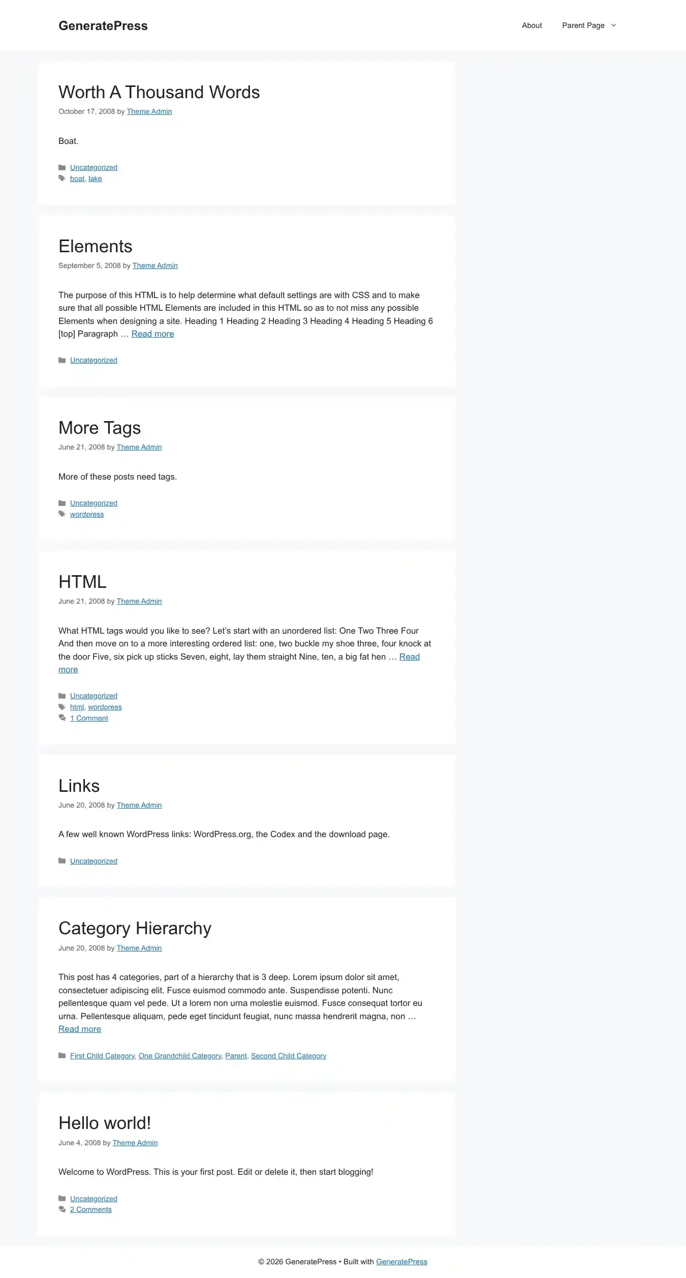 GeneratePress home page on desktop