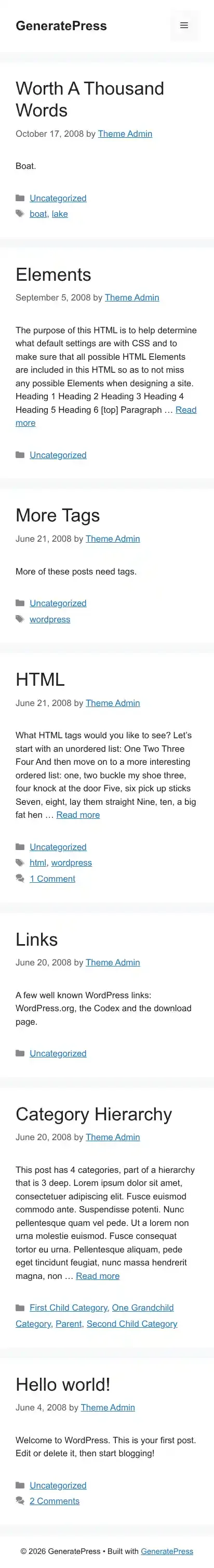 GeneratePress home page on mobile