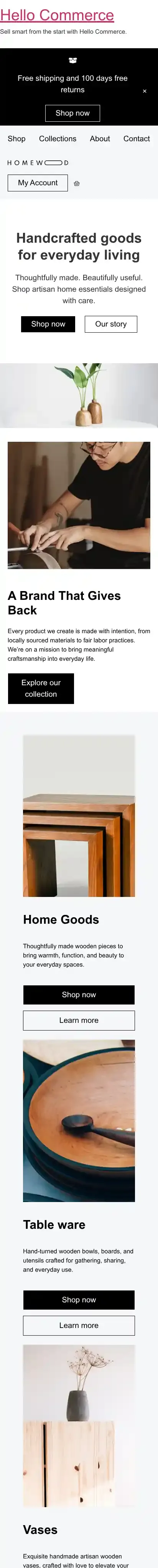 Hello Commerce home page on mobile