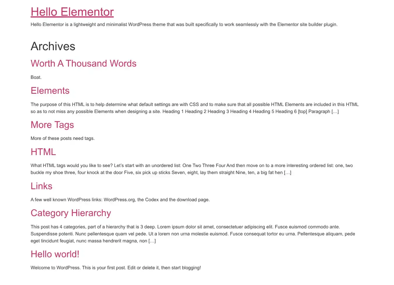 Hello Elementor home page on desktop