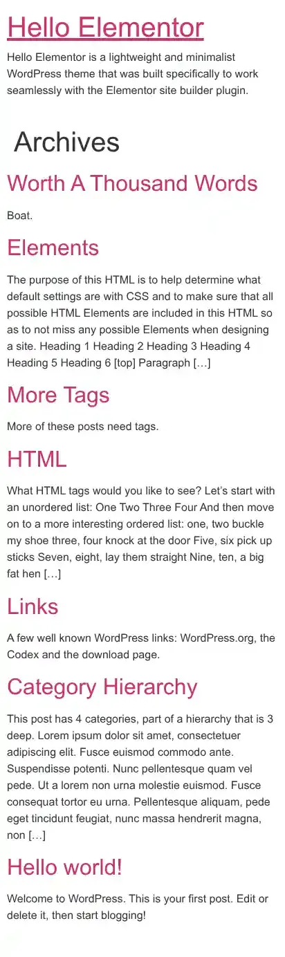 Hello Elementor home page on mobile