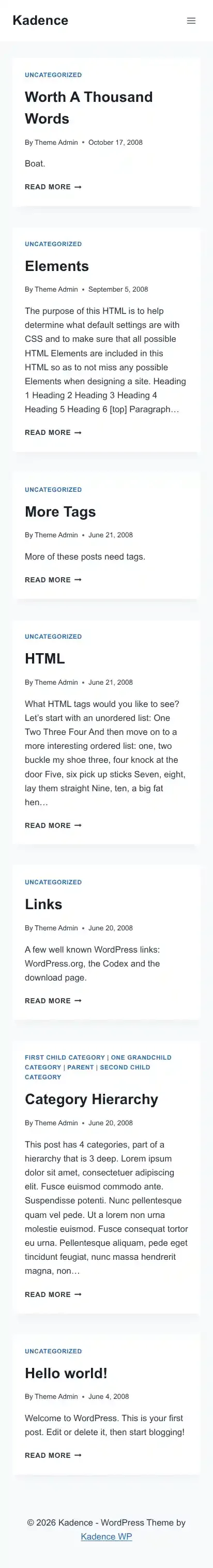 Kadence home page on mobile
