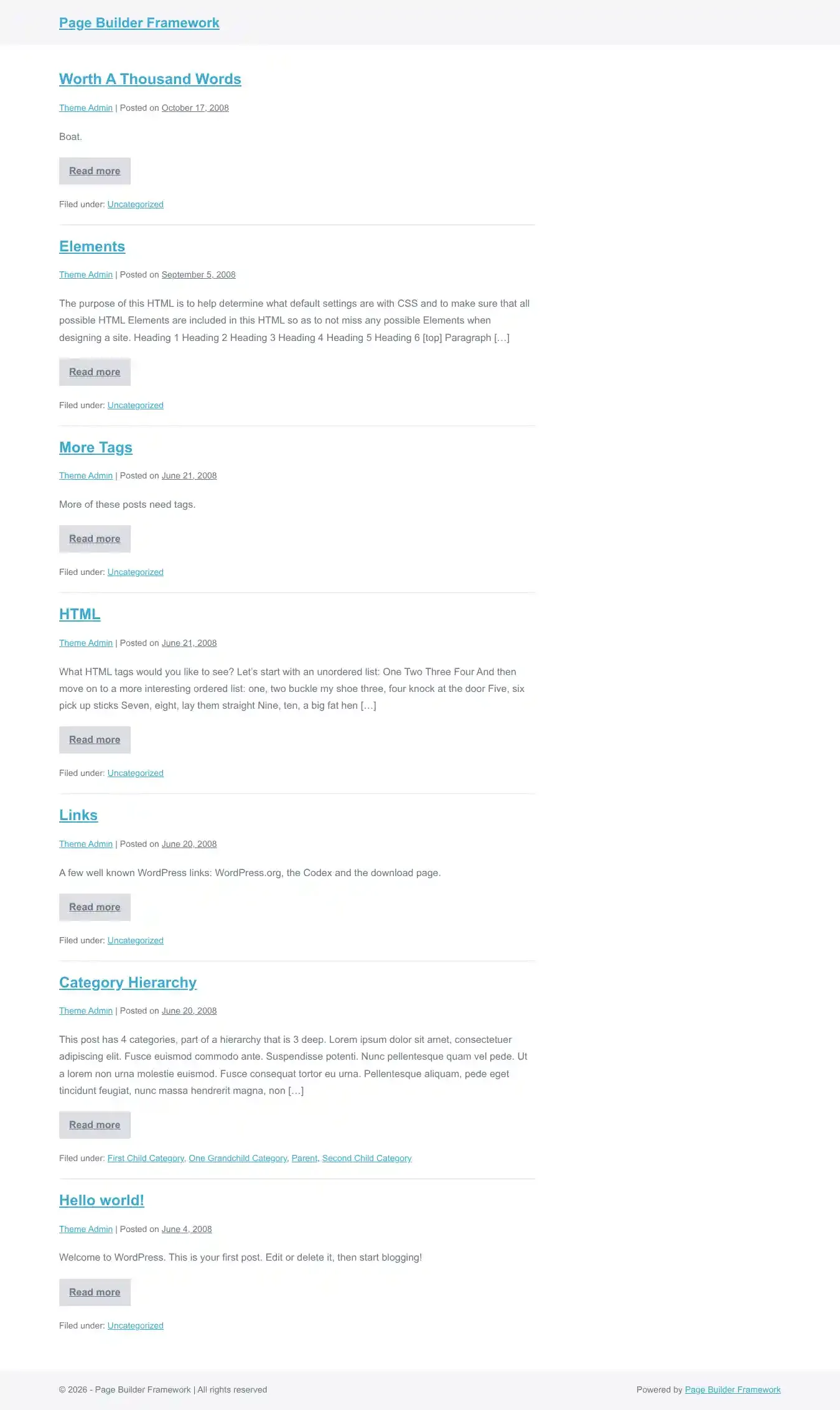 Page Builder Framework home page on desktop