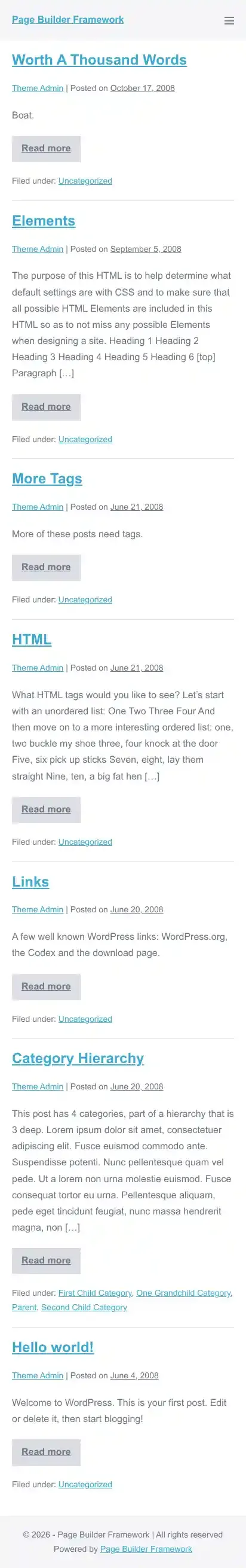 Page Builder Framework home page on mobile