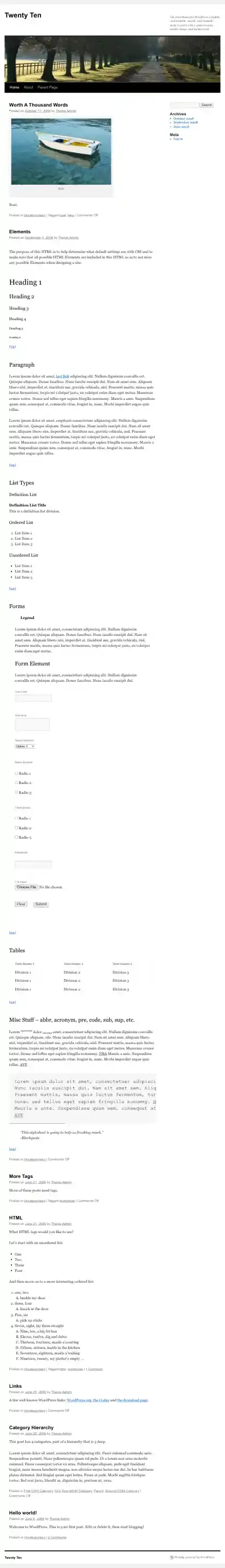 Twenty Ten home page on mobile